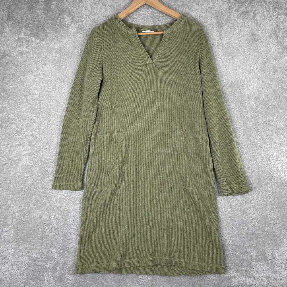 J Jill Dress Womens Medium Green Waffle Knit Thermal Long Sleeve Pockets Mini